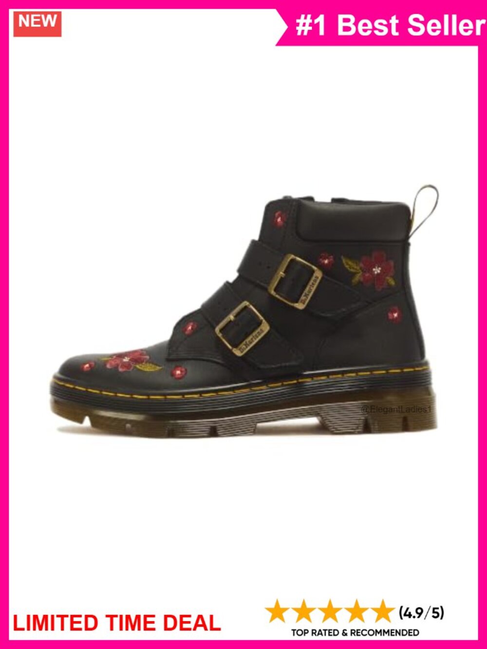 Dr. Martens Charlee Low Boot Leather Ankle Bootie Side Zip Floral Embroidered